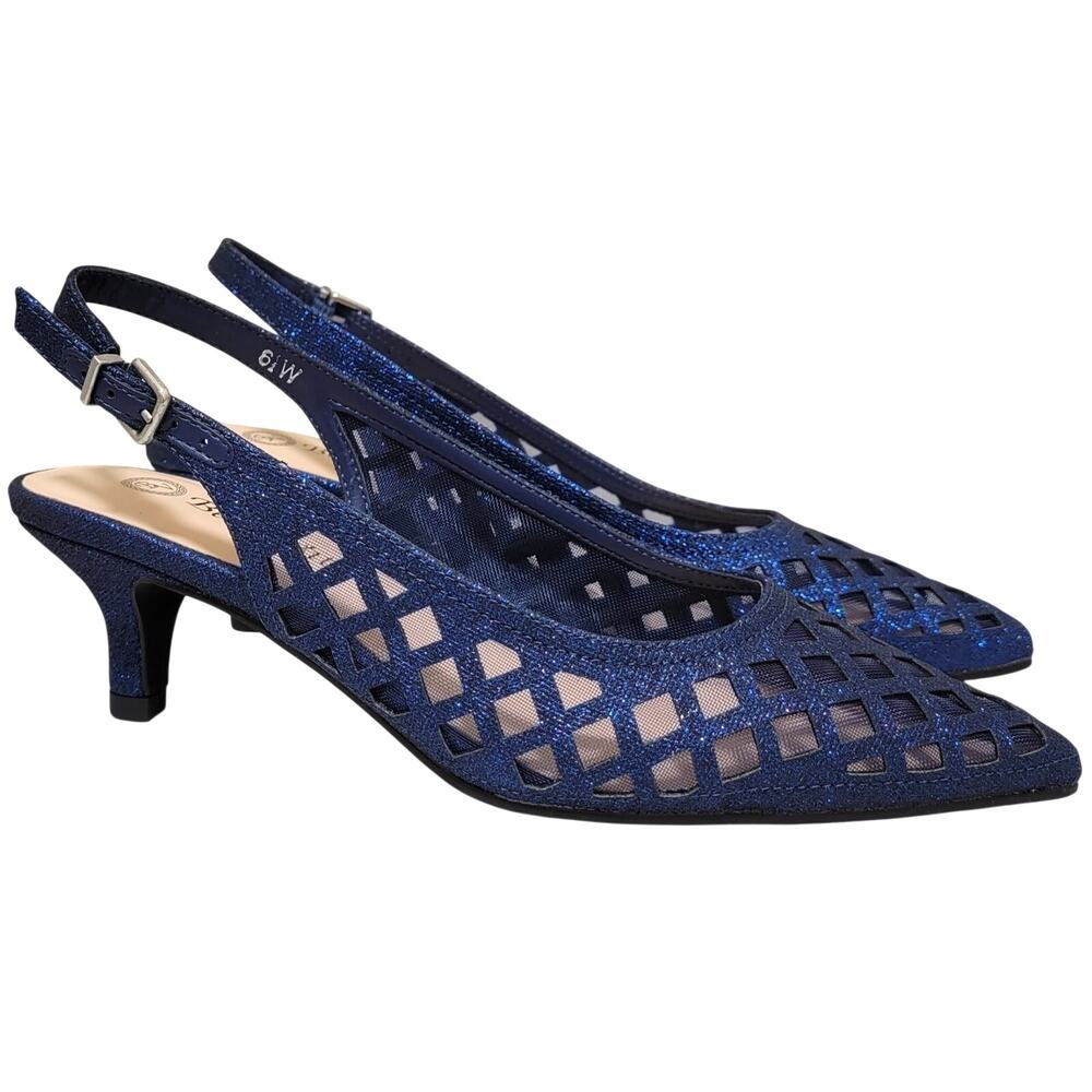 Bella Vita Women Noel Pointed Toe Slingback Heels Size US 6.5W Navy Blue Glitter
